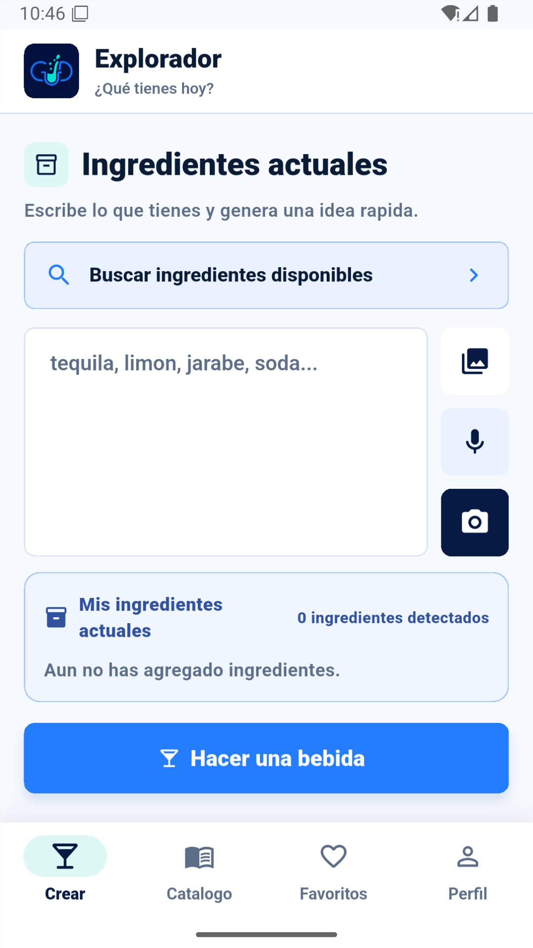Pantalla para crear una bebida