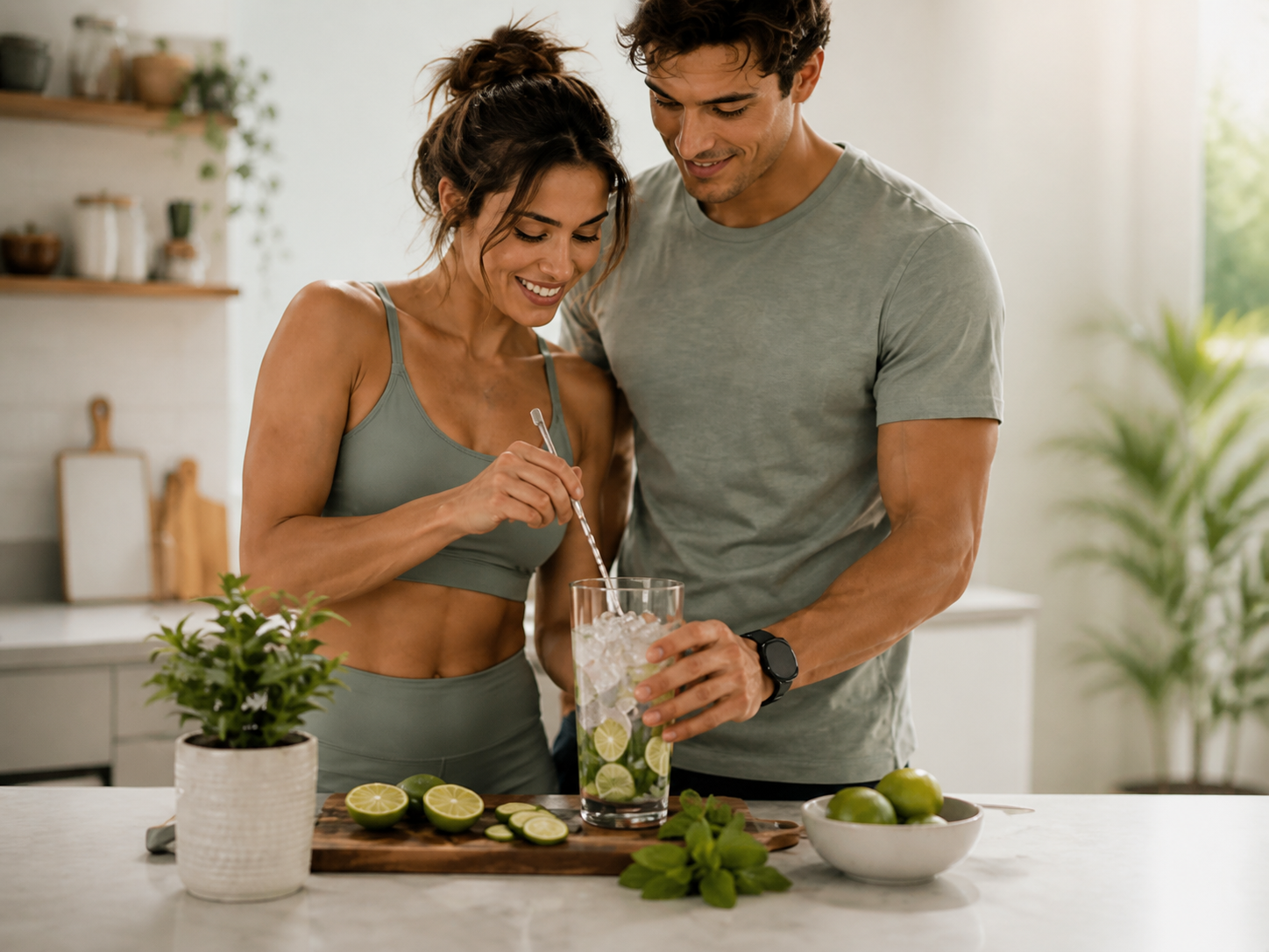 Pareja preparando una bebida juntos en casa